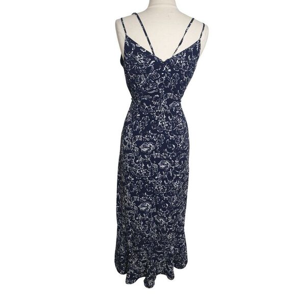 Women's Blue Floral Midi Dress 12 Blue Cascade Ruffle Open Front Cottagecore - Picture 2 of 5